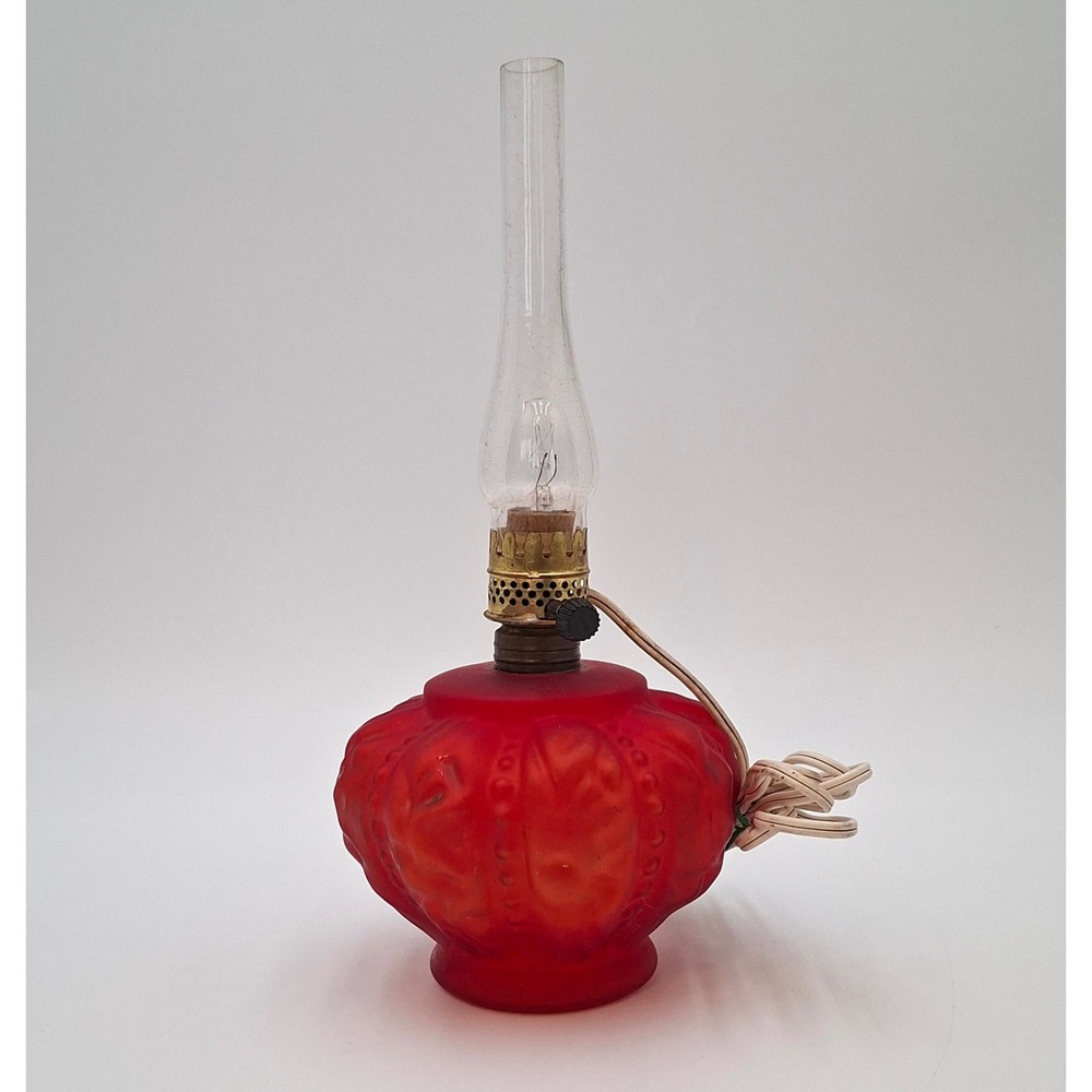 Vintage L.G. Wright Beaded Drape Red Satin Glass Mini Lamp Electrified 10.5"